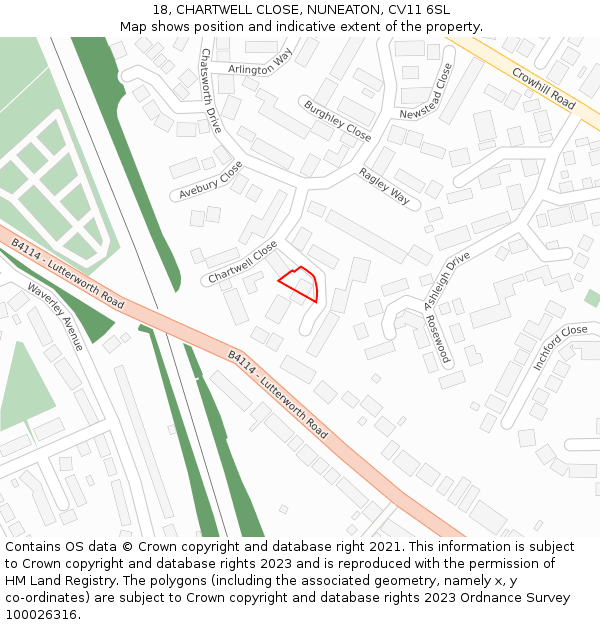 18, CHARTWELL CLOSE, NUNEATON, CV11 6SL: Location map and indicative extent of plot