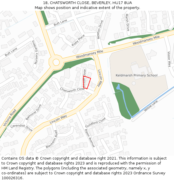 18, CHATSWORTH CLOSE, BEVERLEY, HU17 8UA: Location map and indicative extent of plot