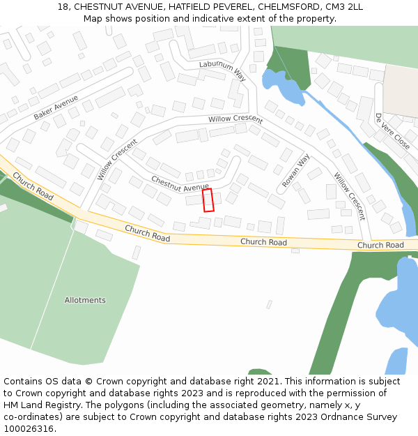 18, CHESTNUT AVENUE, HATFIELD PEVEREL, CHELMSFORD, CM3 2LL: Location map and indicative extent of plot