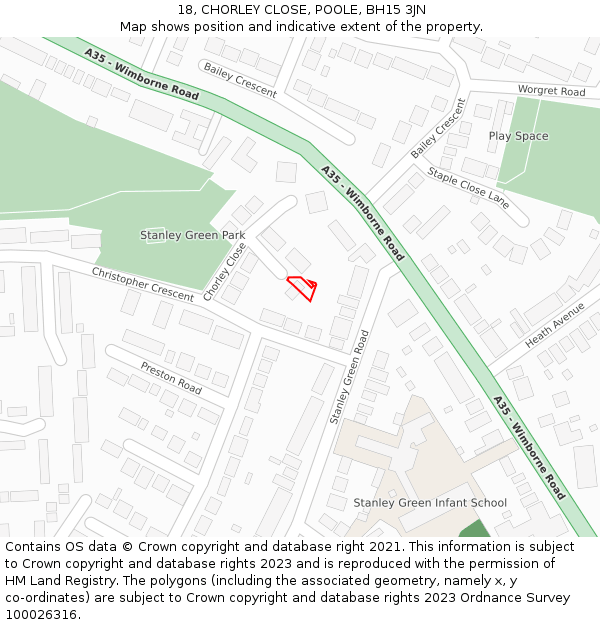 18, CHORLEY CLOSE, POOLE, BH15 3JN: Location map and indicative extent of plot