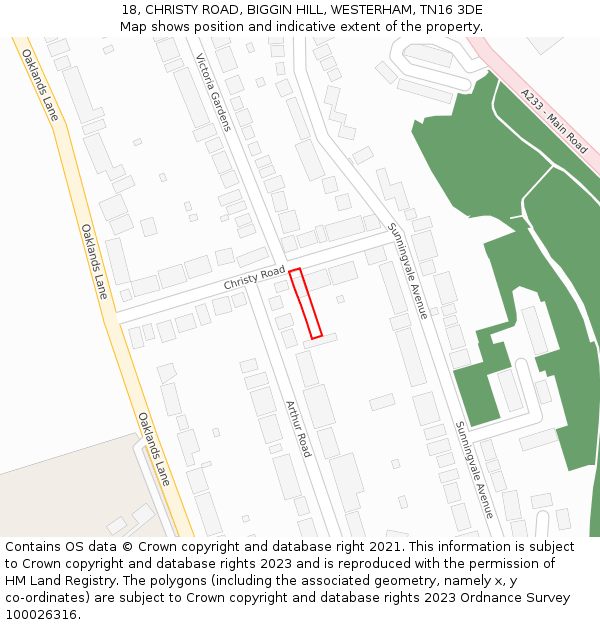 18, CHRISTY ROAD, BIGGIN HILL, WESTERHAM, TN16 3DE: Location map and indicative extent of plot
