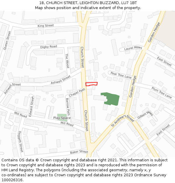 18, CHURCH STREET, LEIGHTON BUZZARD, LU7 1BT: Location map and indicative extent of plot