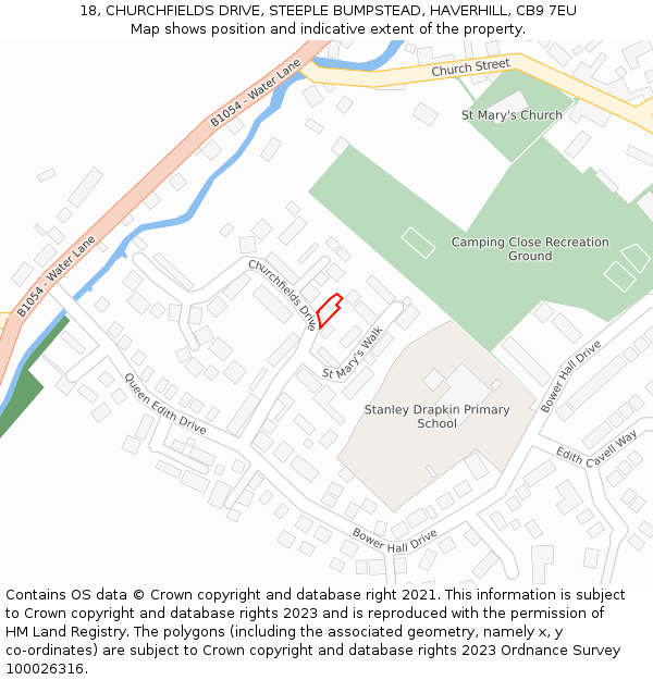 18, CHURCHFIELDS DRIVE, STEEPLE BUMPSTEAD, HAVERHILL, CB9 7EU: Location map and indicative extent of plot