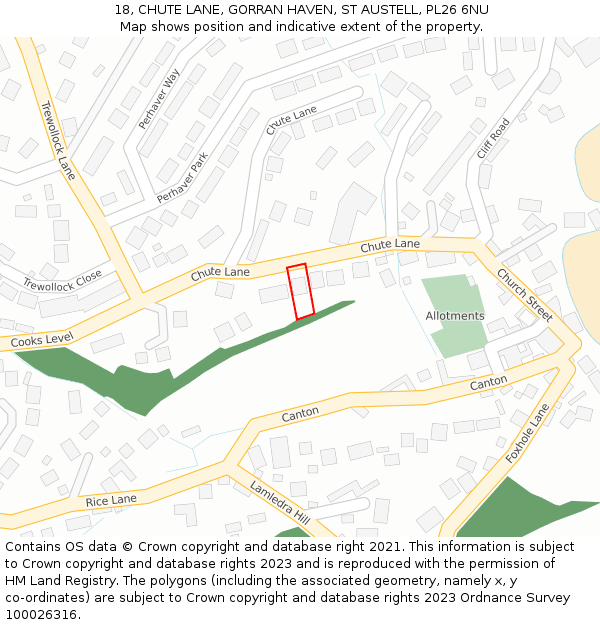 18, CHUTE LANE, GORRAN HAVEN, ST AUSTELL, PL26 6NU: Location map and indicative extent of plot