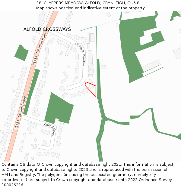 18, CLAPPERS MEADOW, ALFOLD, CRANLEIGH, GU6 8HH: Location map and indicative extent of plot