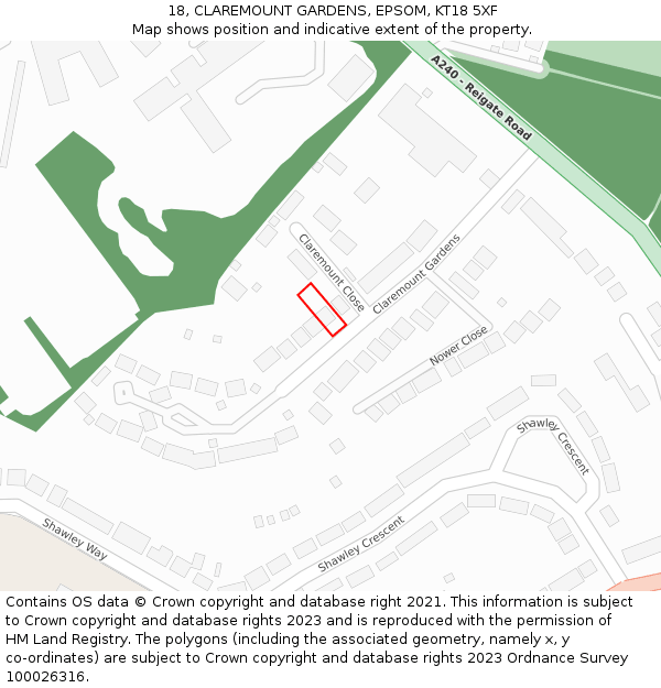 18, CLAREMOUNT GARDENS, EPSOM, KT18 5XF: Location map and indicative extent of plot