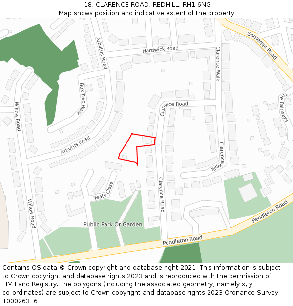18, CLARENCE ROAD, REDHILL, RH1 6NG: Location map and indicative extent of plot