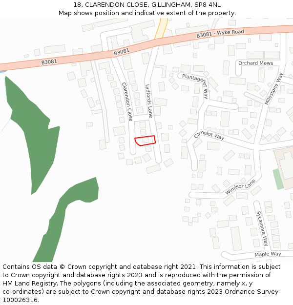 18, CLARENDON CLOSE, GILLINGHAM, SP8 4NL: Location map and indicative extent of plot