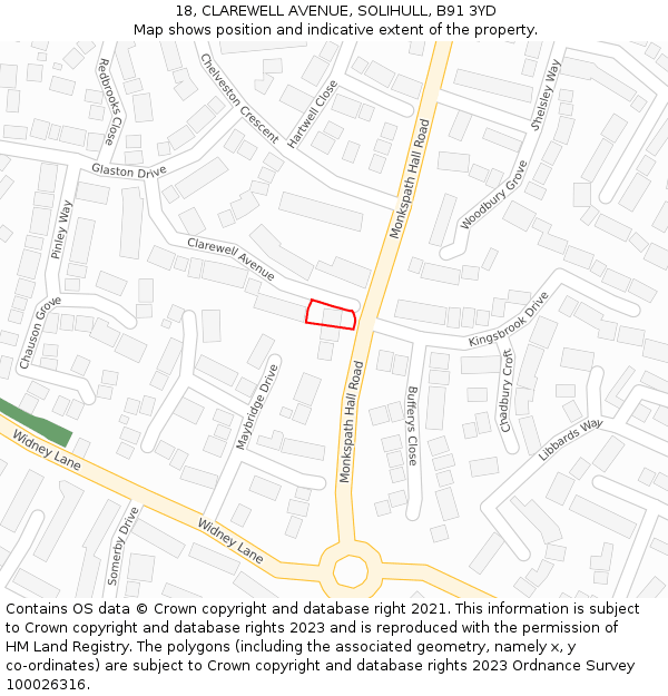 18, CLAREWELL AVENUE, SOLIHULL, B91 3YD: Location map and indicative extent of plot