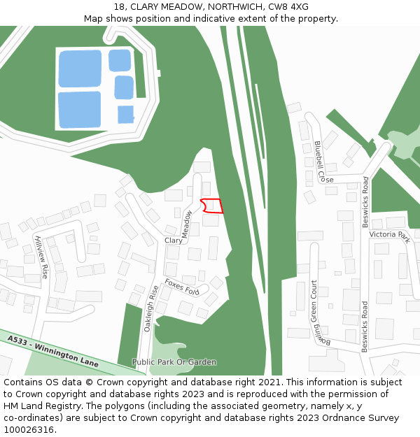 18, CLARY MEADOW, NORTHWICH, CW8 4XG: Location map and indicative extent of plot