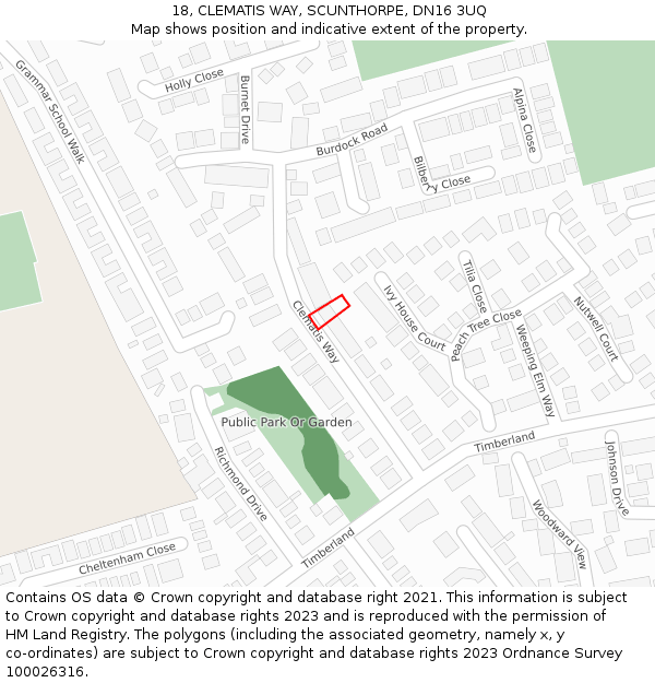 18, CLEMATIS WAY, SCUNTHORPE, DN16 3UQ: Location map and indicative extent of plot