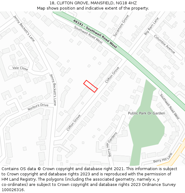 18, CLIFTON GROVE, MANSFIELD, NG18 4HZ: Location map and indicative extent of plot