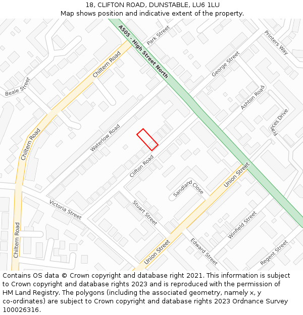 18, CLIFTON ROAD, DUNSTABLE, LU6 1LU: Location map and indicative extent of plot