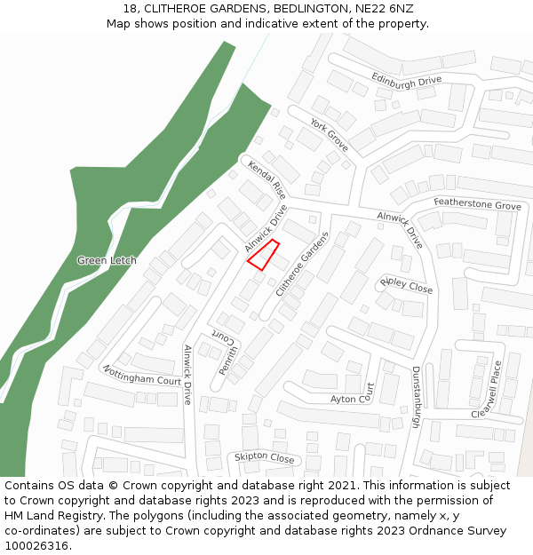 18, CLITHEROE GARDENS, BEDLINGTON, NE22 6NZ: Location map and indicative extent of plot