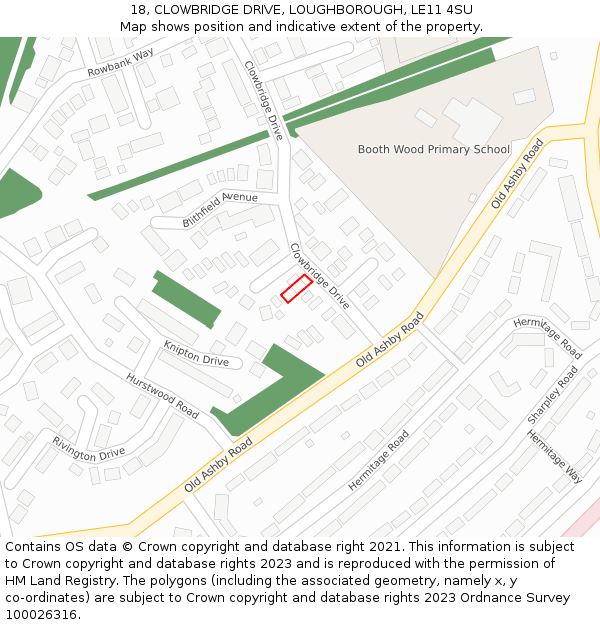 18, CLOWBRIDGE DRIVE, LOUGHBOROUGH, LE11 4SU: Location map and indicative extent of plot