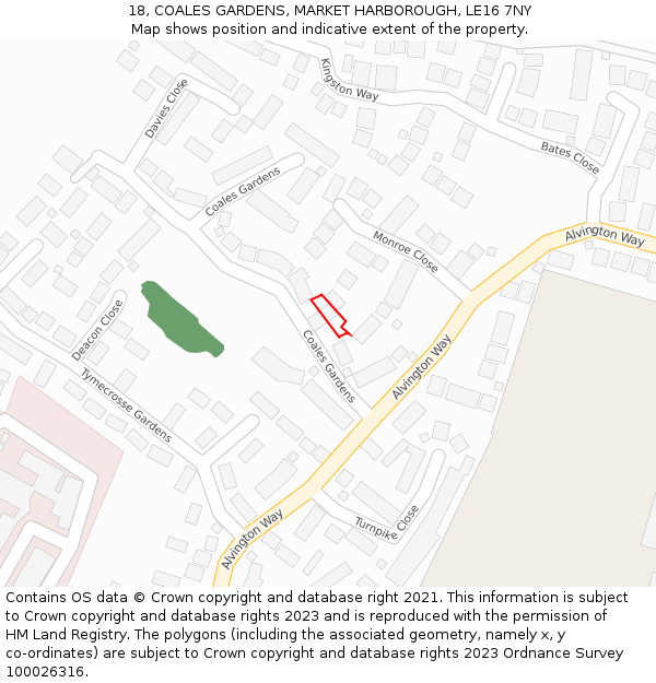 18, COALES GARDENS, MARKET HARBOROUGH, LE16 7NY: Location map and indicative extent of plot