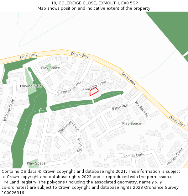 18, COLERIDGE CLOSE, EXMOUTH, EX8 5SP: Location map and indicative extent of plot