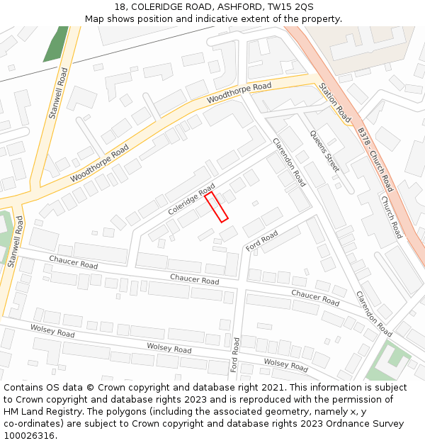 18, COLERIDGE ROAD, ASHFORD, TW15 2QS: Location map and indicative extent of plot