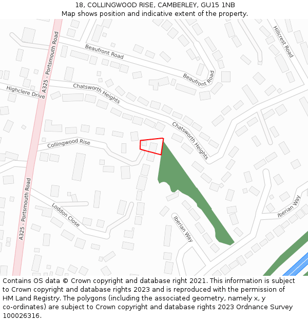 18, COLLINGWOOD RISE, CAMBERLEY, GU15 1NB: Location map and indicative extent of plot