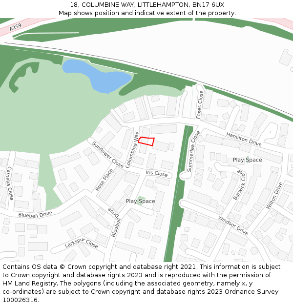 18, COLUMBINE WAY, LITTLEHAMPTON, BN17 6UX: Location map and indicative extent of plot
