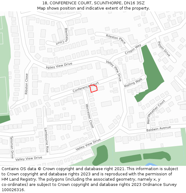 18, CONFERENCE COURT, SCUNTHORPE, DN16 3SZ: Location map and indicative extent of plot