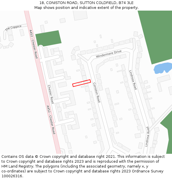 18, CONISTON ROAD, SUTTON COLDFIELD, B74 3LE: Location map and indicative extent of plot