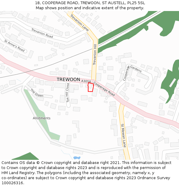 18, COOPERAGE ROAD, TREWOON, ST AUSTELL, PL25 5SL: Location map and indicative extent of plot