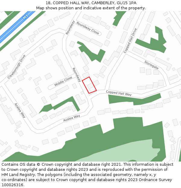 18, COPPED HALL WAY, CAMBERLEY, GU15 1PA: Location map and indicative extent of plot