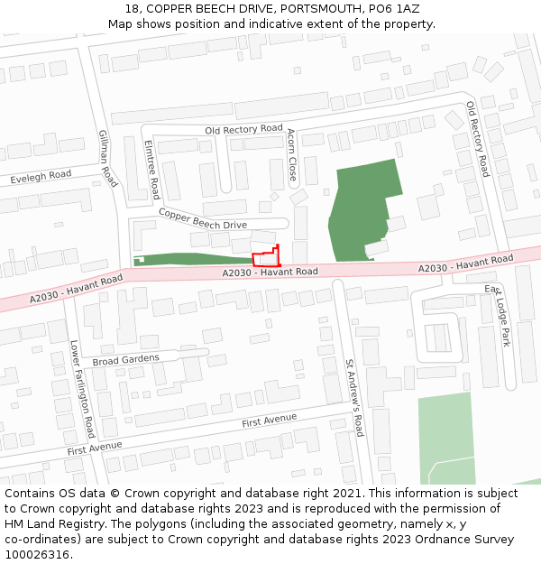 18, COPPER BEECH DRIVE, PORTSMOUTH, PO6 1AZ: Location map and indicative extent of plot