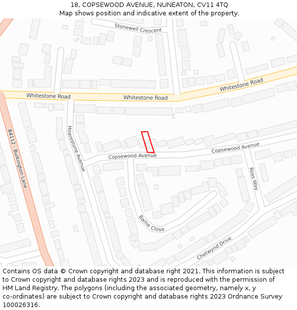 18, COPSEWOOD AVENUE, NUNEATON, CV11 4TQ: Location map and indicative extent of plot