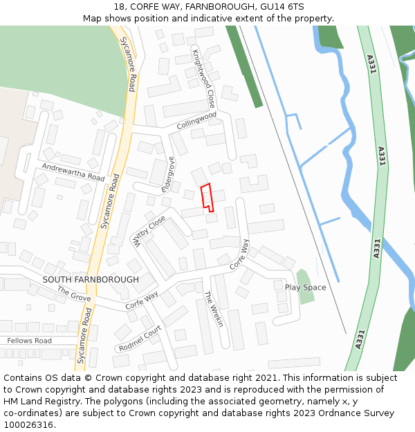 18, CORFE WAY, FARNBOROUGH, GU14 6TS: Location map and indicative extent of plot