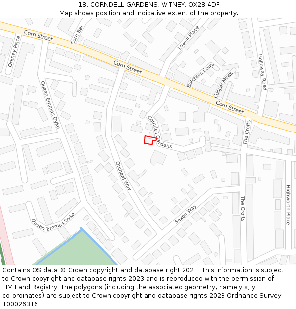 18, CORNDELL GARDENS, WITNEY, OX28 4DF: Location map and indicative extent of plot