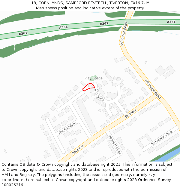 18, CORNLANDS, SAMPFORD PEVERELL, TIVERTON, EX16 7UA: Location map and indicative extent of plot