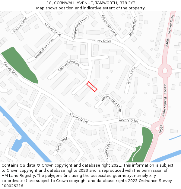 18, CORNWALL AVENUE, TAMWORTH, B78 3YB: Location map and indicative extent of plot