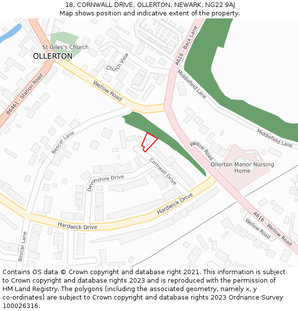 18, CORNWALL DRIVE, OLLERTON, NEWARK, NG22 9AJ: Location map and indicative extent of plot