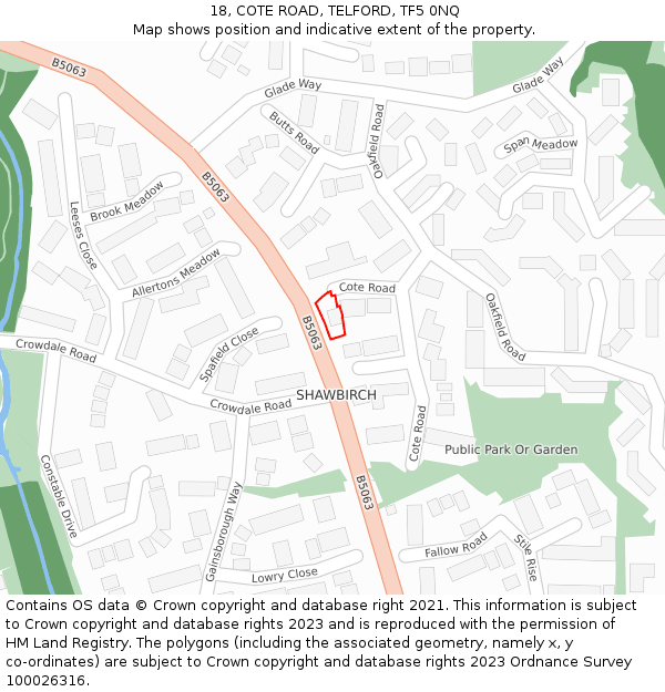 18, COTE ROAD, TELFORD, TF5 0NQ: Location map and indicative extent of plot