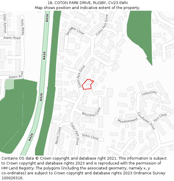 18, COTON PARK DRIVE, RUGBY, CV23 0WN: Location map and indicative extent of plot