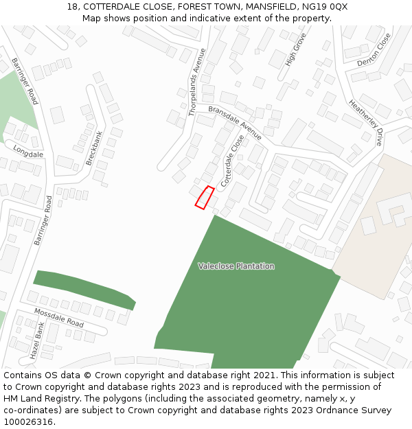 18, COTTERDALE CLOSE, FOREST TOWN, MANSFIELD, NG19 0QX: Location map and indicative extent of plot