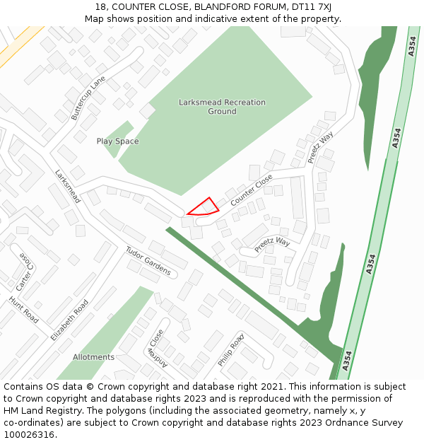 18, COUNTER CLOSE, BLANDFORD FORUM, DT11 7XJ: Location map and indicative extent of plot