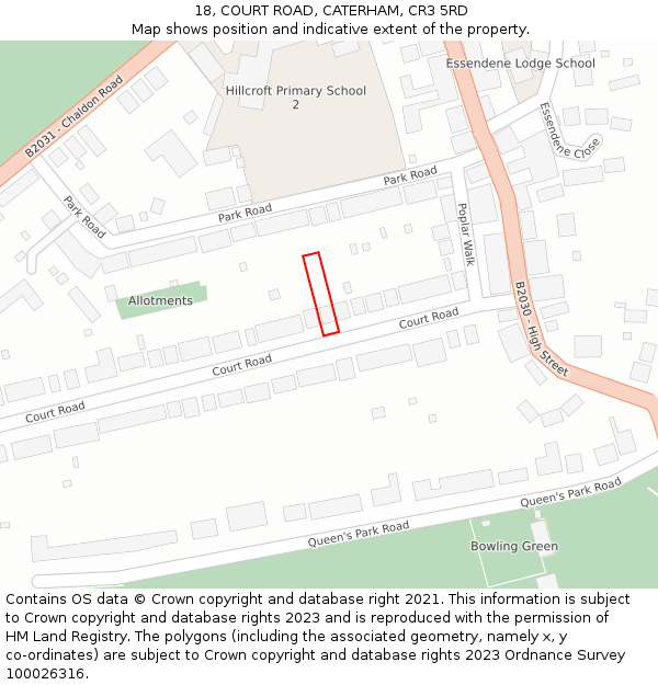 18, COURT ROAD, CATERHAM, CR3 5RD: Location map and indicative extent of plot