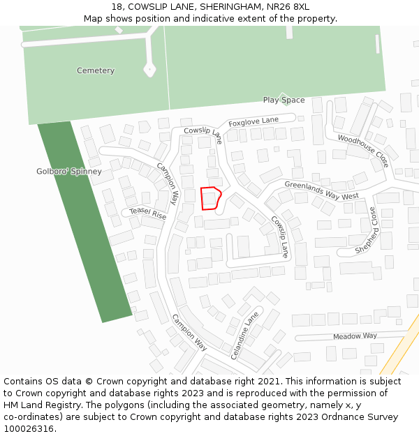 18, COWSLIP LANE, SHERINGHAM, NR26 8XL: Location map and indicative extent of plot
