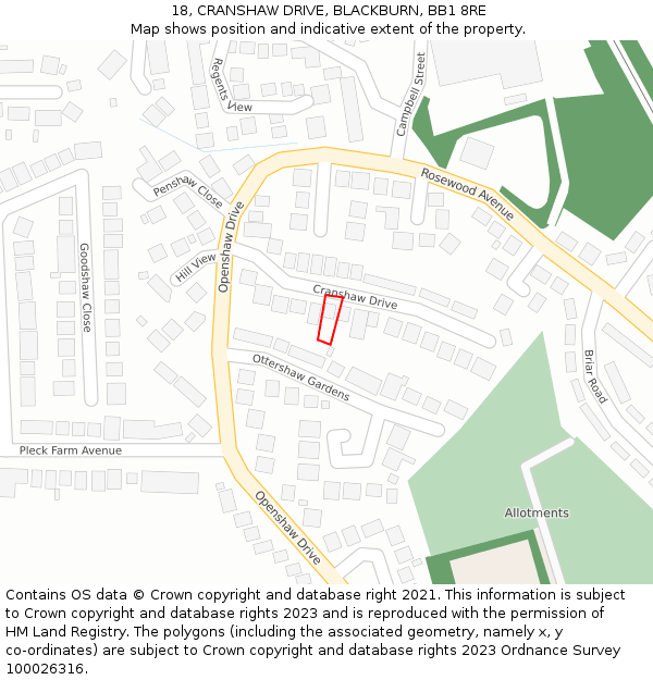 18, CRANSHAW DRIVE, BLACKBURN, BB1 8RE: Location map and indicative extent of plot