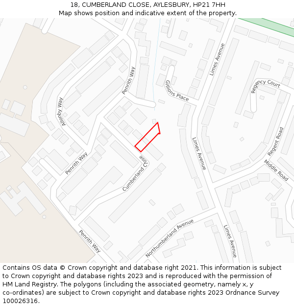 18, CUMBERLAND CLOSE, AYLESBURY, HP21 7HH: Location map and indicative extent of plot