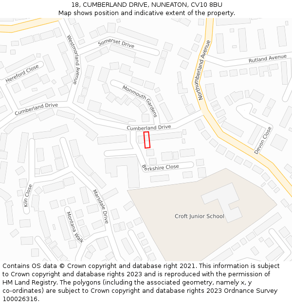 18, CUMBERLAND DRIVE, NUNEATON, CV10 8BU: Location map and indicative extent of plot