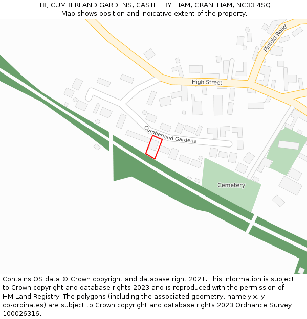 18, CUMBERLAND GARDENS, CASTLE BYTHAM, GRANTHAM, NG33 4SQ: Location map and indicative extent of plot