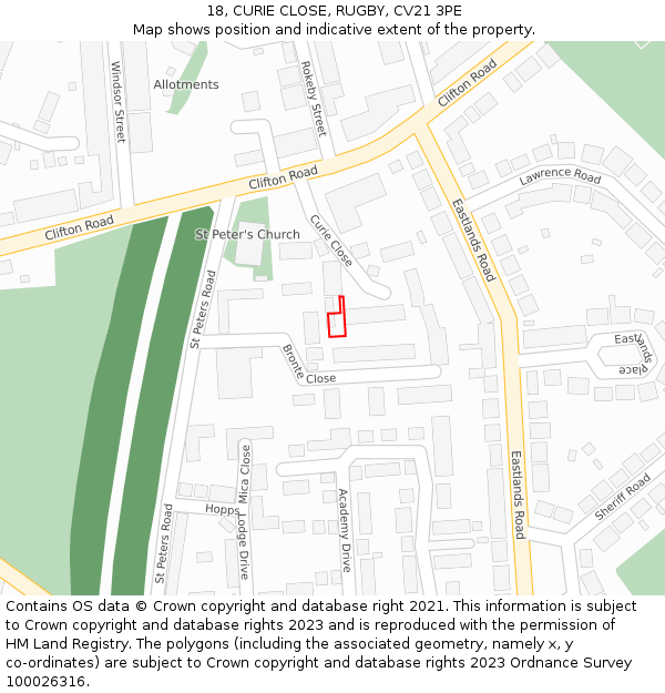 18, CURIE CLOSE, RUGBY, CV21 3PE: Location map and indicative extent of plot