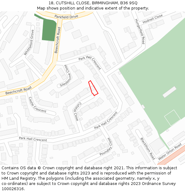 18, CUTSHILL CLOSE, BIRMINGHAM, B36 9SQ: Location map and indicative extent of plot