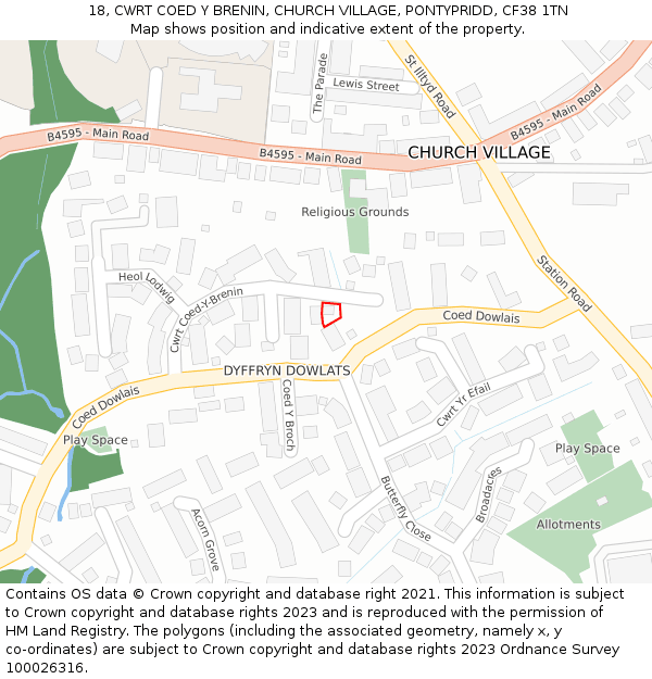 18, CWRT COED Y BRENIN, CHURCH VILLAGE, PONTYPRIDD, CF38 1TN: Location map and indicative extent of plot