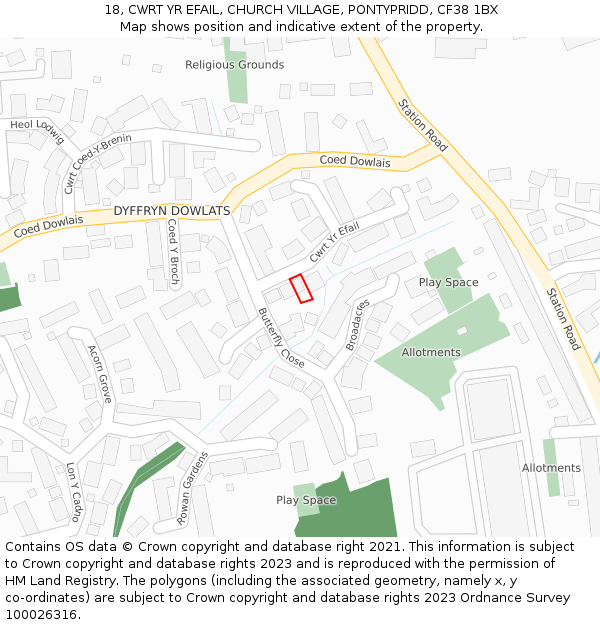 18, CWRT YR EFAIL, CHURCH VILLAGE, PONTYPRIDD, CF38 1BX: Location map and indicative extent of plot