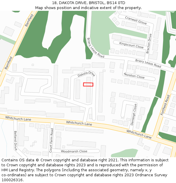 18, DAKOTA DRIVE, BRISTOL, BS14 0TD: Location map and indicative extent of plot